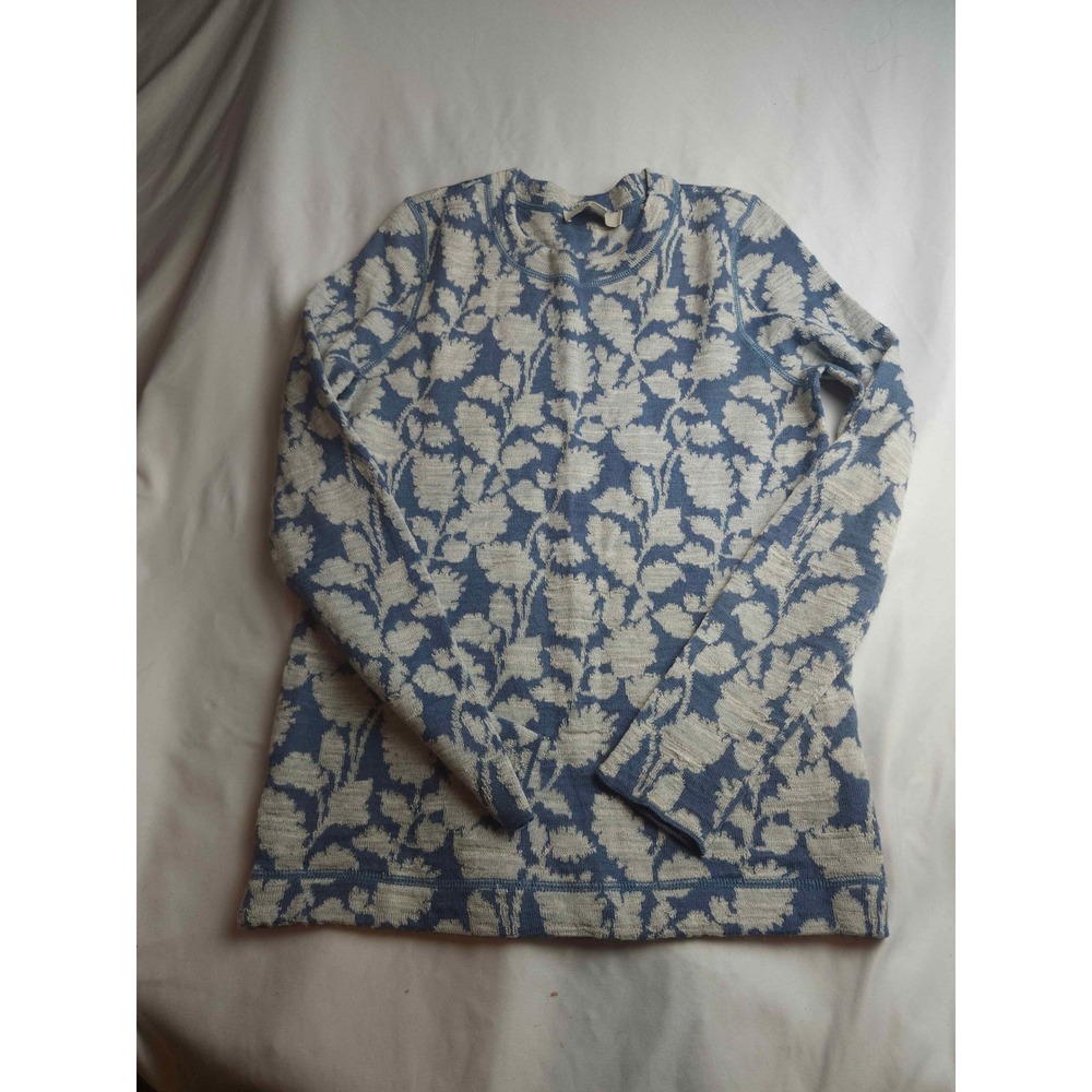 Loft Womens Blue White Floral Jacquard Wool Blend Knit Sweater Size M
